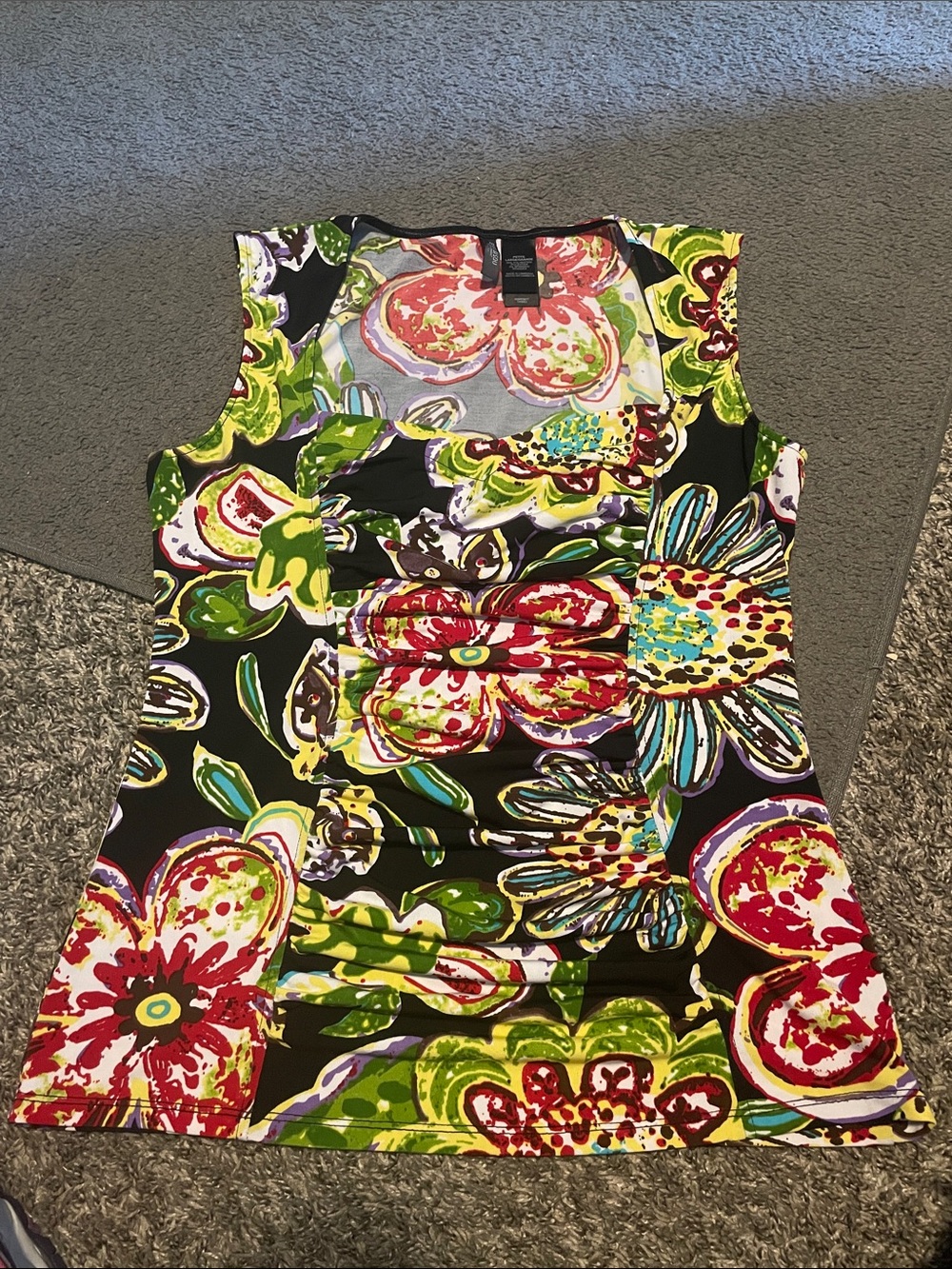 Bisou Bisou Sleeveless Scooped Neck Black Floral Print Top w/Red, Green Yellow